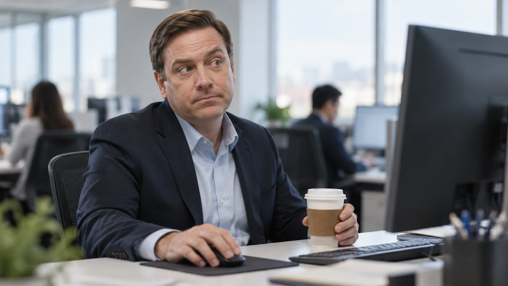 Carl holding his coffee and looking at his monitor. Select the photo to play the original commercial.