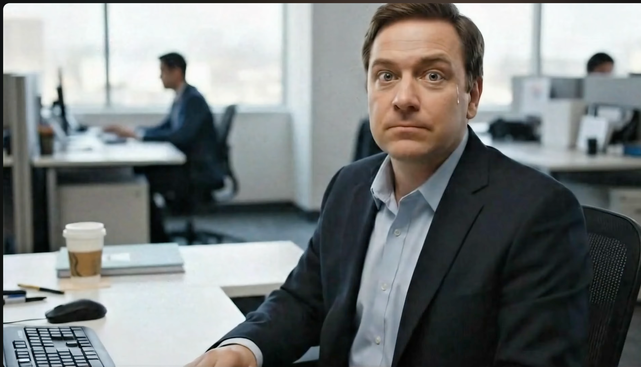 Carl at his desk in the Xcel Whisperer commercial.