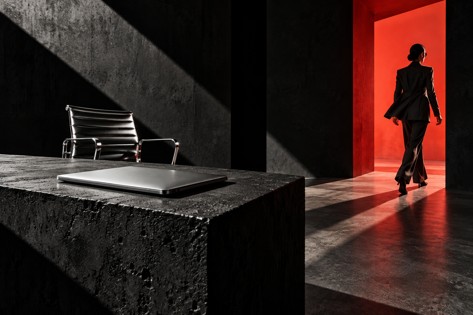 A closed silver laptop on a concrete plinth as a woman leaves through a bold red doorway.