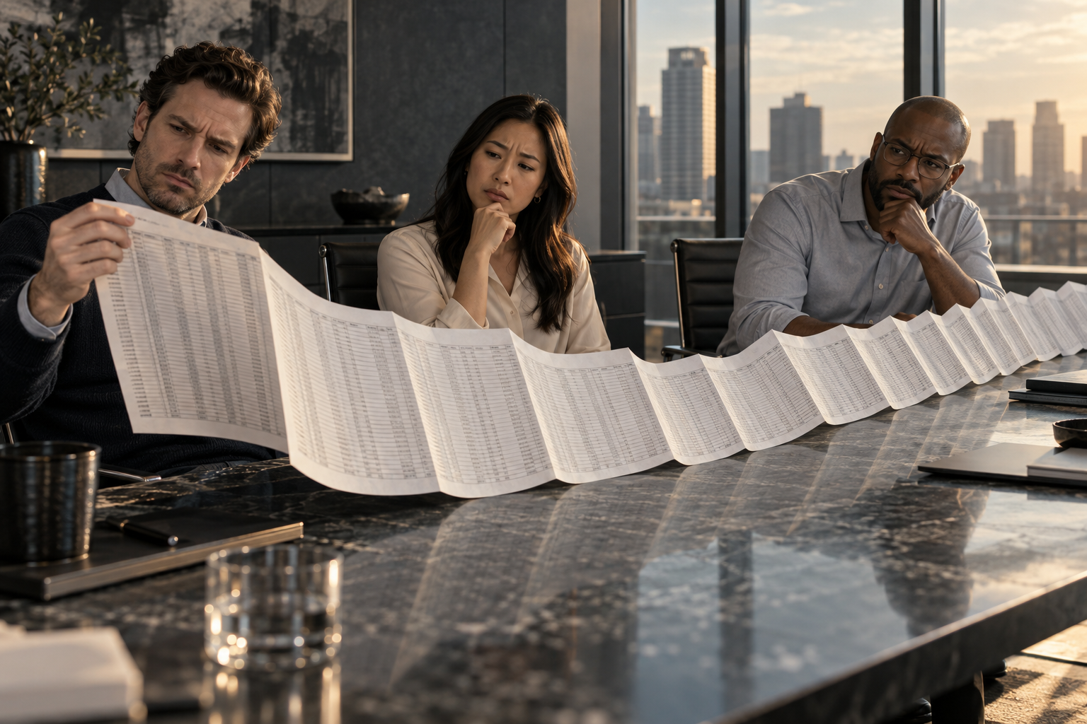 Three office colleagues study an absurdly long spreadsheet with quiet confusion.
